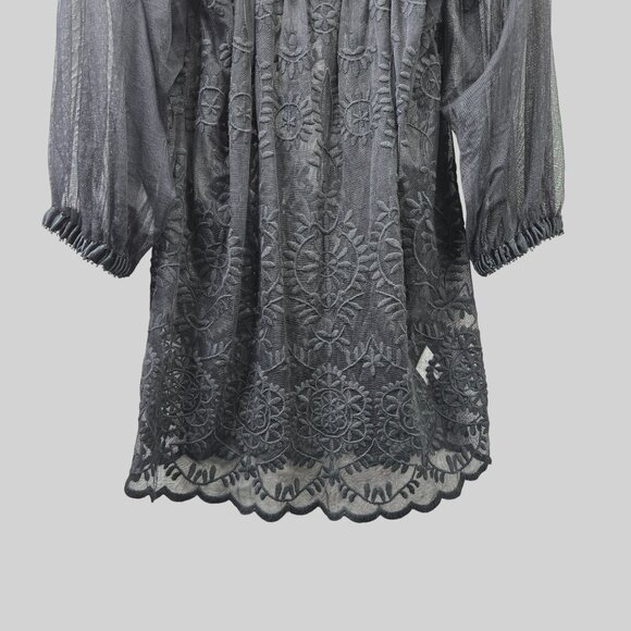 Karen Kane Blouse M Black Sheer Mesh Lace Embroidered Floral Whimsygoth Silk Top - Picture 4 of 13